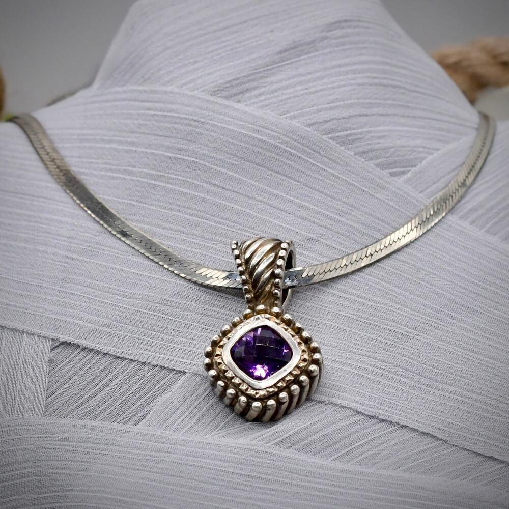 Italian 18K Gold Sterling Silver 925 Amethyst Pendant 36mm 19" Snake Chain